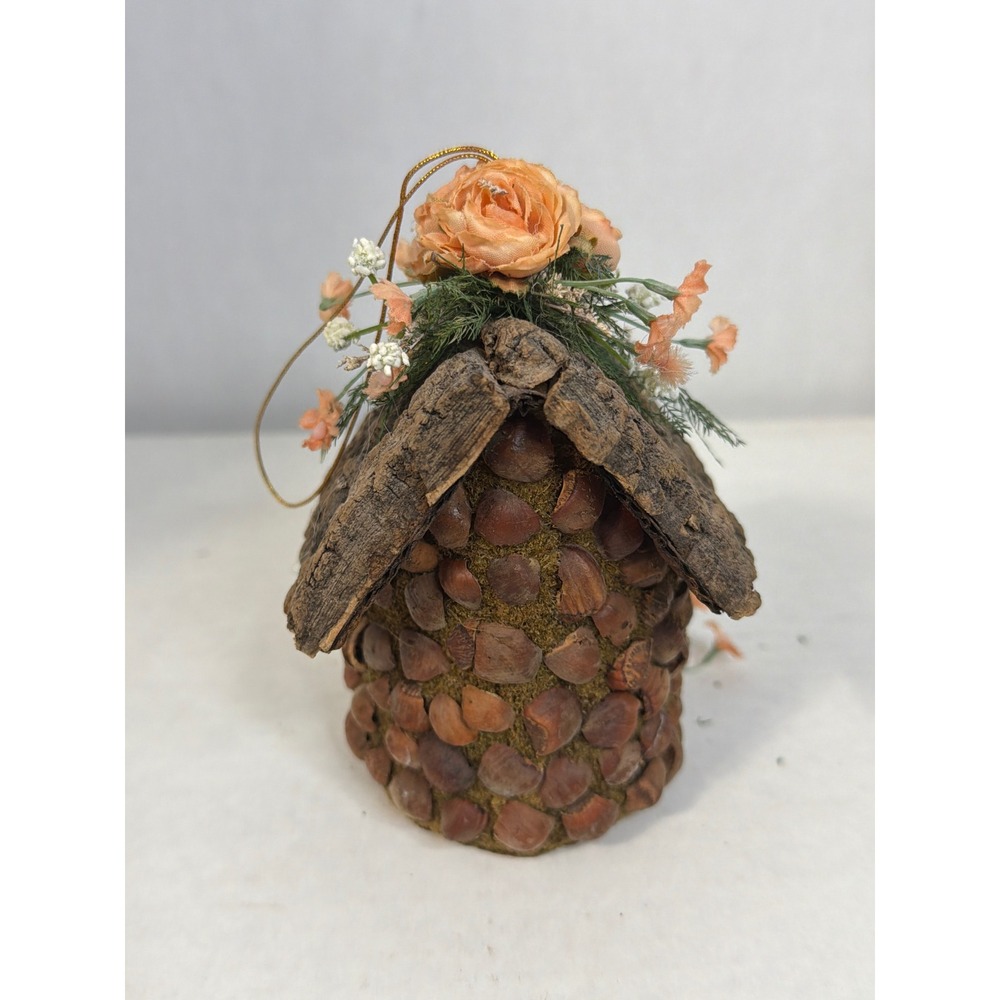 Rustic Bark and Nut Shell Birdhouse Ornament Peach Floral Accents - Picture 3 of 10